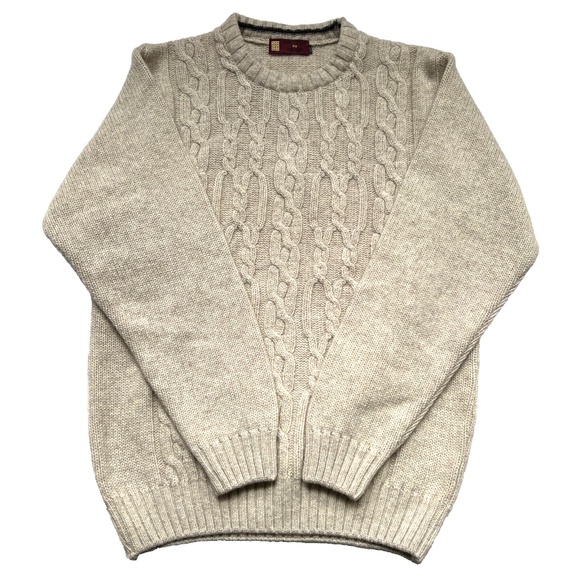 Cable Knit Sweater Pullover 38 Basic Gear Beige Amber Knitting Mills Lambswool - Picture 6 of 6